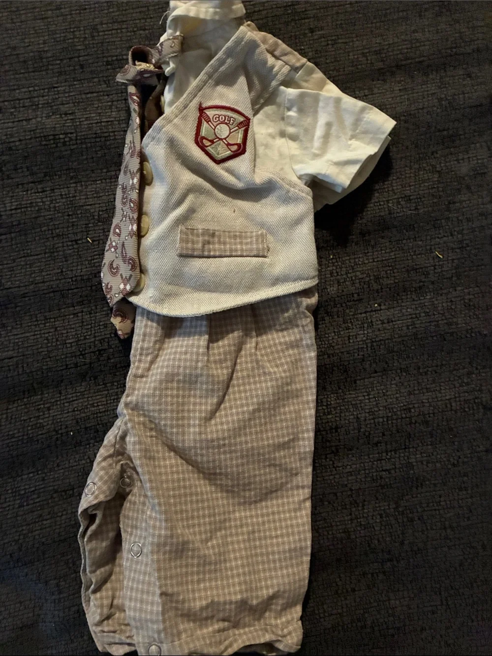 Vintage Boys Golf Romper with tie with checkered pattern